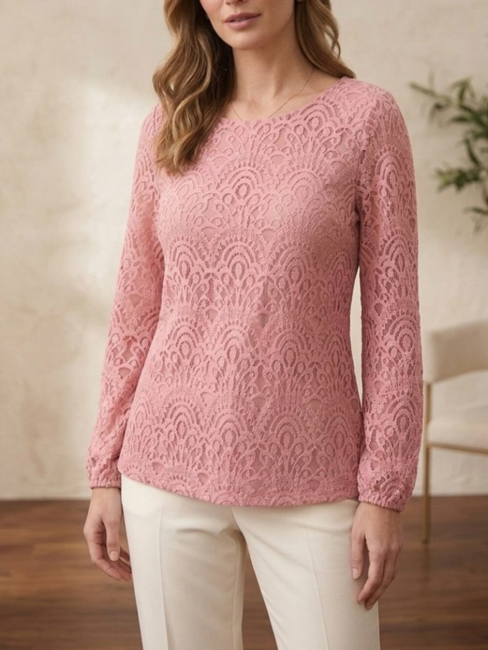 JM Collection Pink Lace Long Sleeve Blouse Size Large Romantic Cottagecore